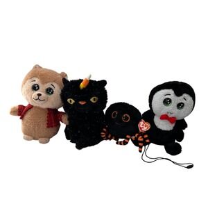 Set Of 4 Halloween Plush Toys Hallmark Ty Lil Peepers Black Cat Vampire Spider